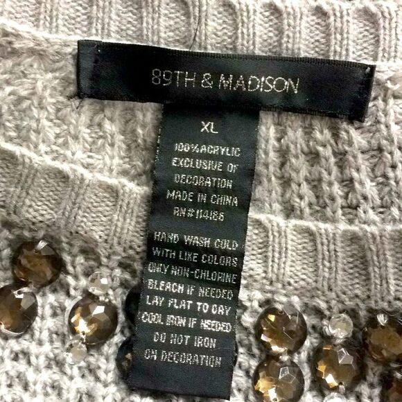 89th & Madison Gray Knit Jeweled Crew Neck Sweater - Picture 11 of 11